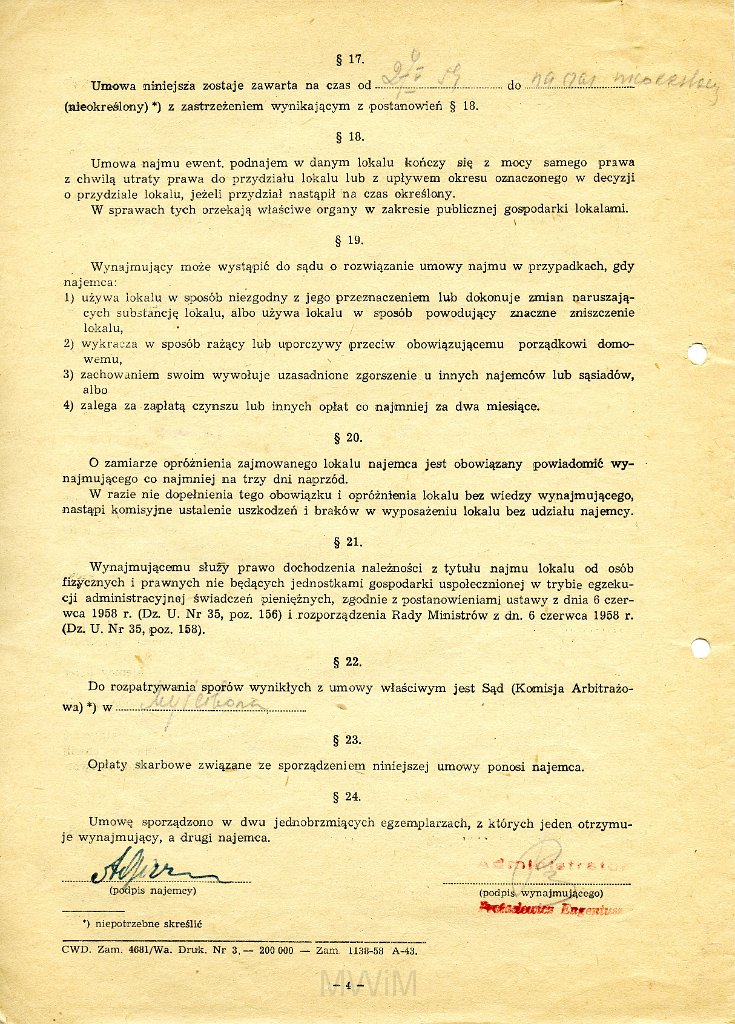 KKE 5877-4.jpg - Dok. Umowa Najmu Lokalu między Antonim Graszko a Prezydium Miejskiej Rady Narodowej - Zakładem Gospodarki Komunalno-Mieszkaniowej, Pełczyce, 27 V 1959 r. Do umowy został dołączony protkół zdawczo-odbiorczy mieszkania, Pełczyce, 27 V 1959 r.